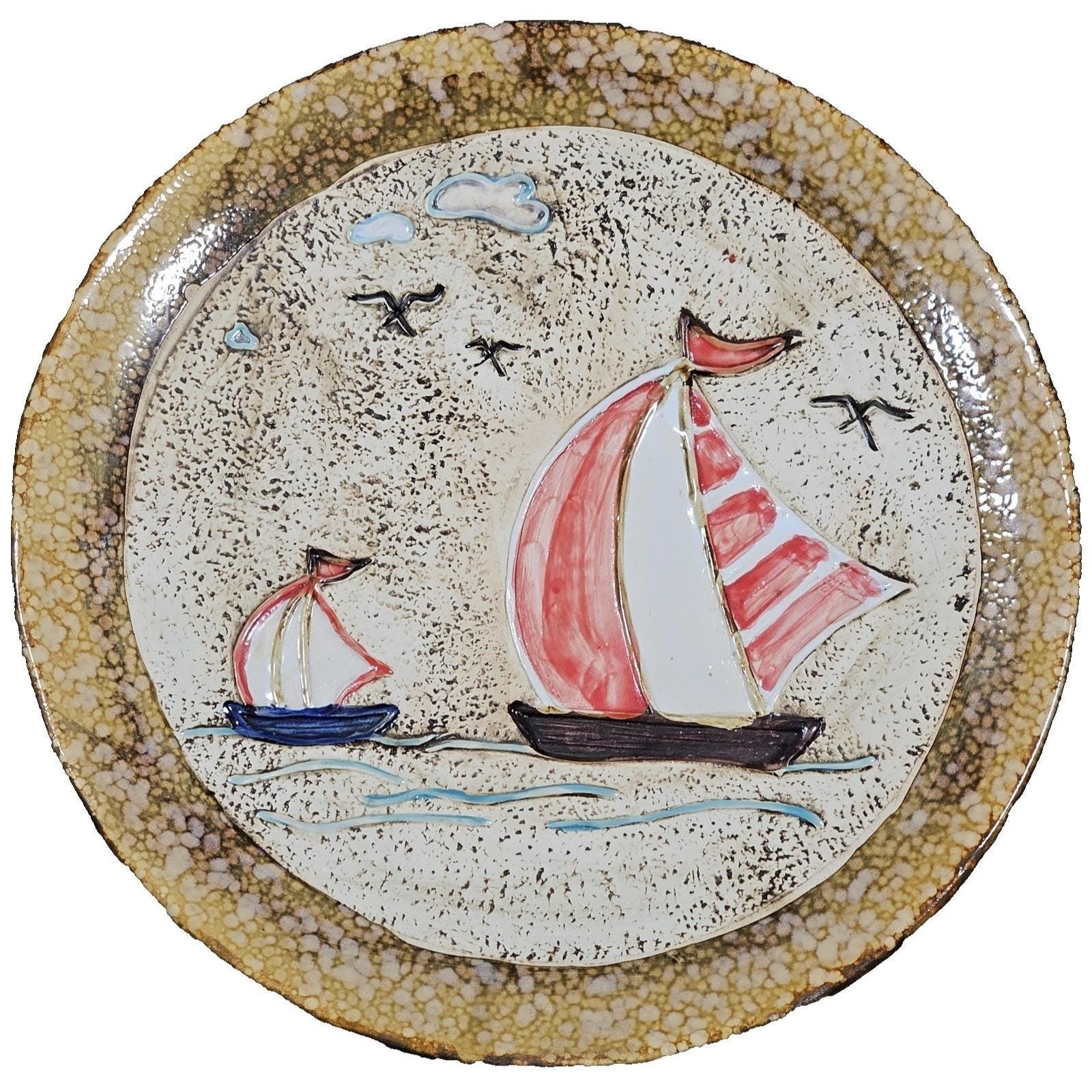 Vintage Nautical Sailboat Ceramic Plate Coastal Wall Decor 15"