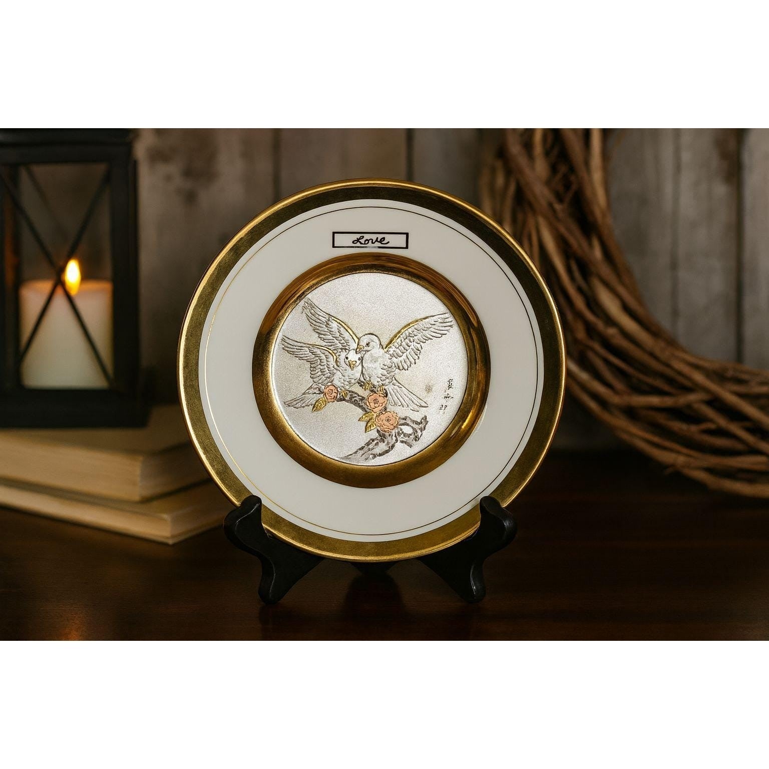 Vintage Dynasty Gallery Chokin Art Plate with Doves Gold Trim Decor