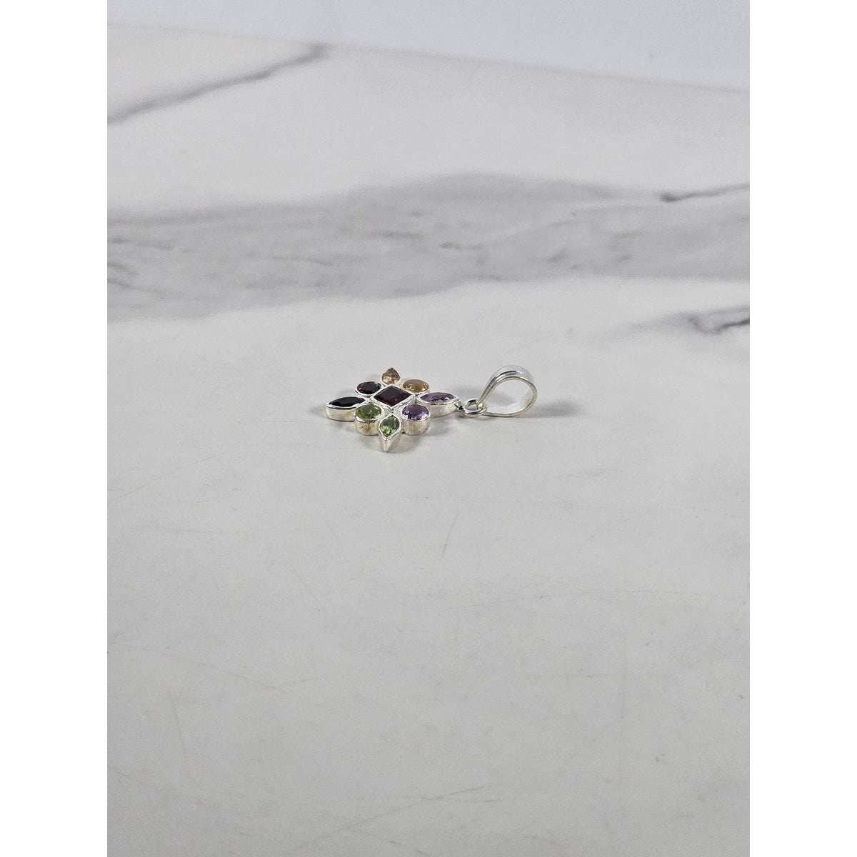 Vintage Sterling Silver Multi-Stone Gemstone Pendant, 925 Floral Design No Chain