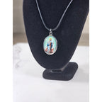 Vintage Madonna Pendant Necklace Blue Green Oval Religious Charm
