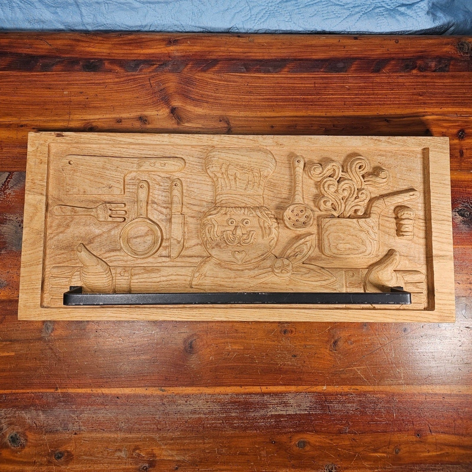 Vintage Hand-Carved Wooden Chef Plaque Wall Decor with Recipe Bar