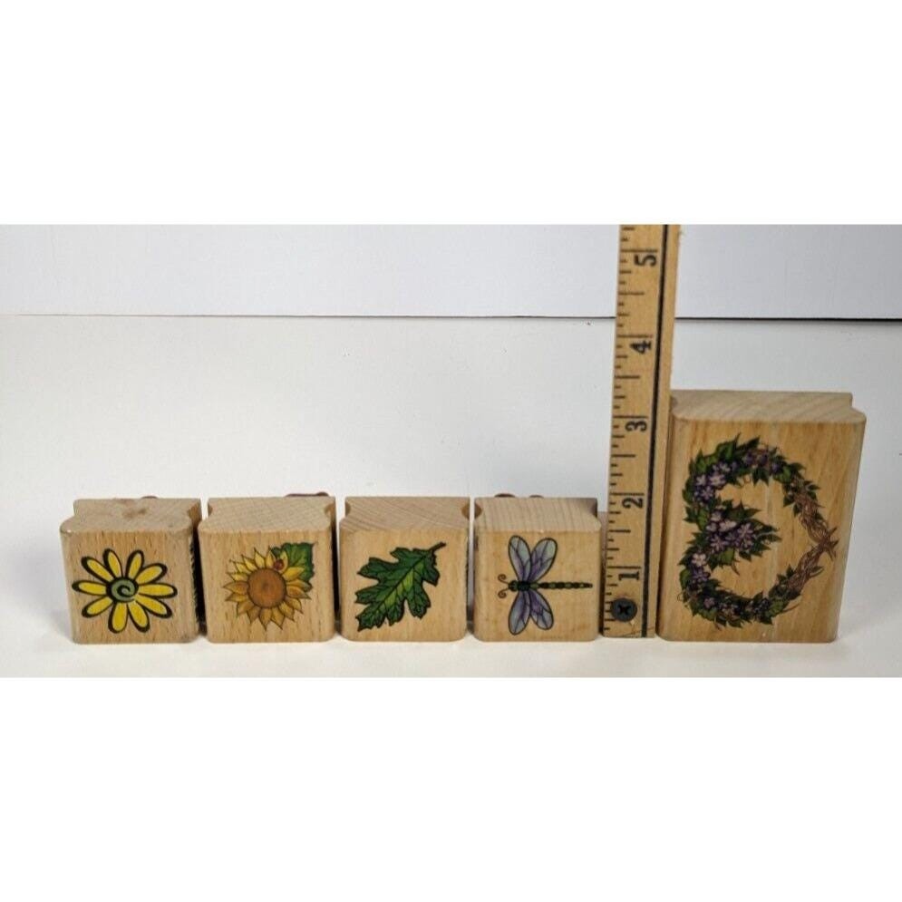 Wood Rubber Stamp Set Dragonfly Sunflower Daisy Leaf Set of 5