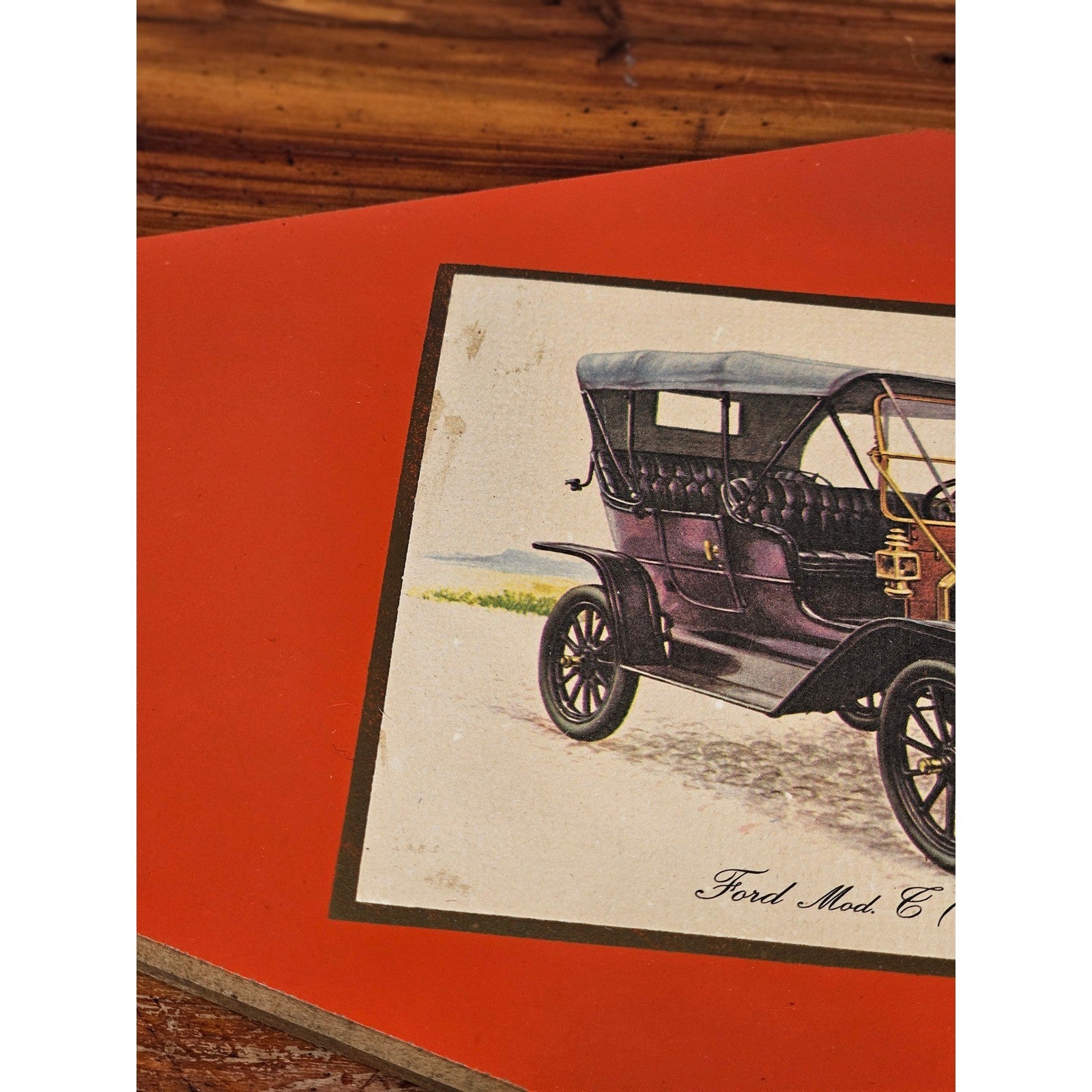 Vintage Ford Model T 1908 Print Mounted on Red Board, 11.5 x 8
