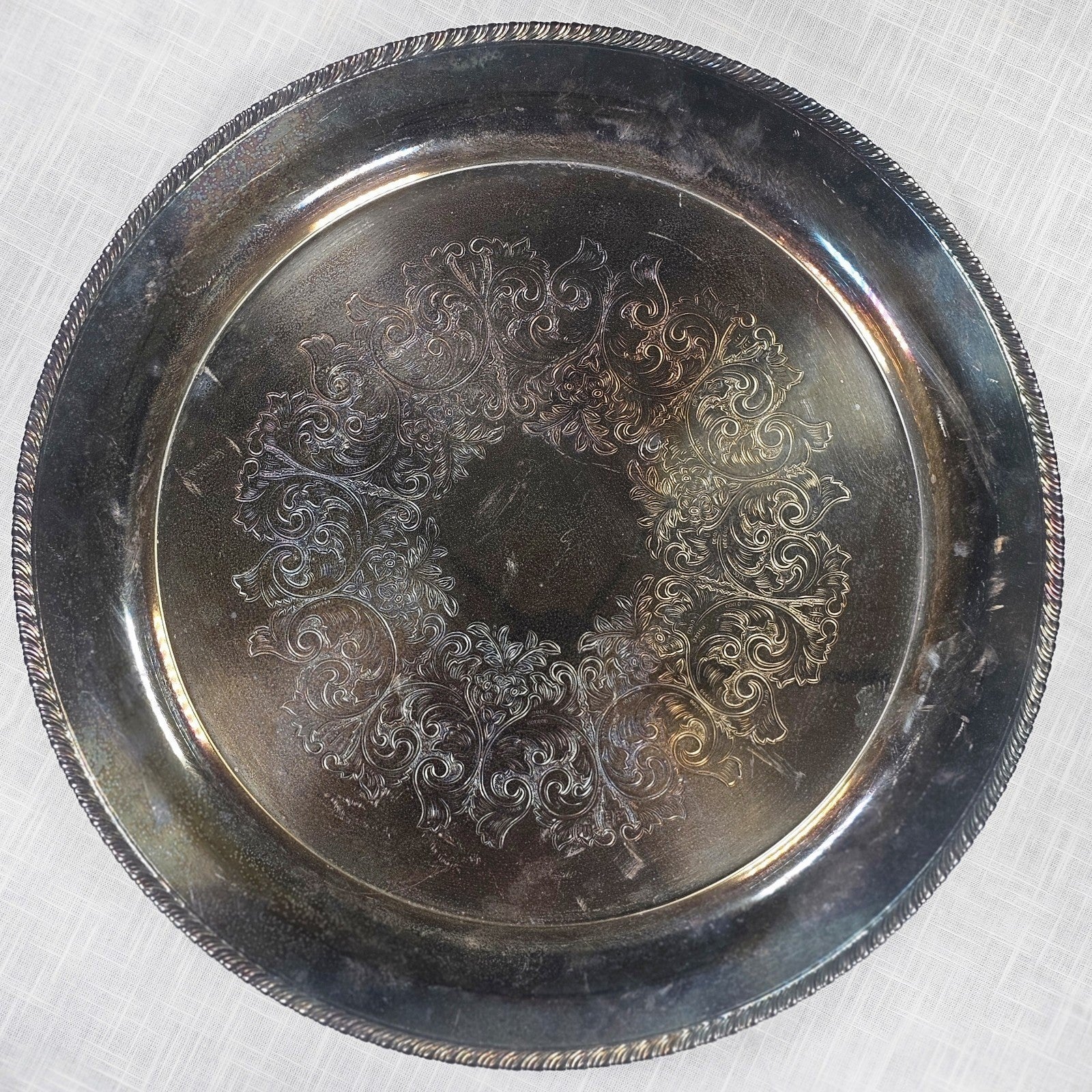 Vintage Wm Rogers Silver Plated Ornate Floral Serving Tray Plate