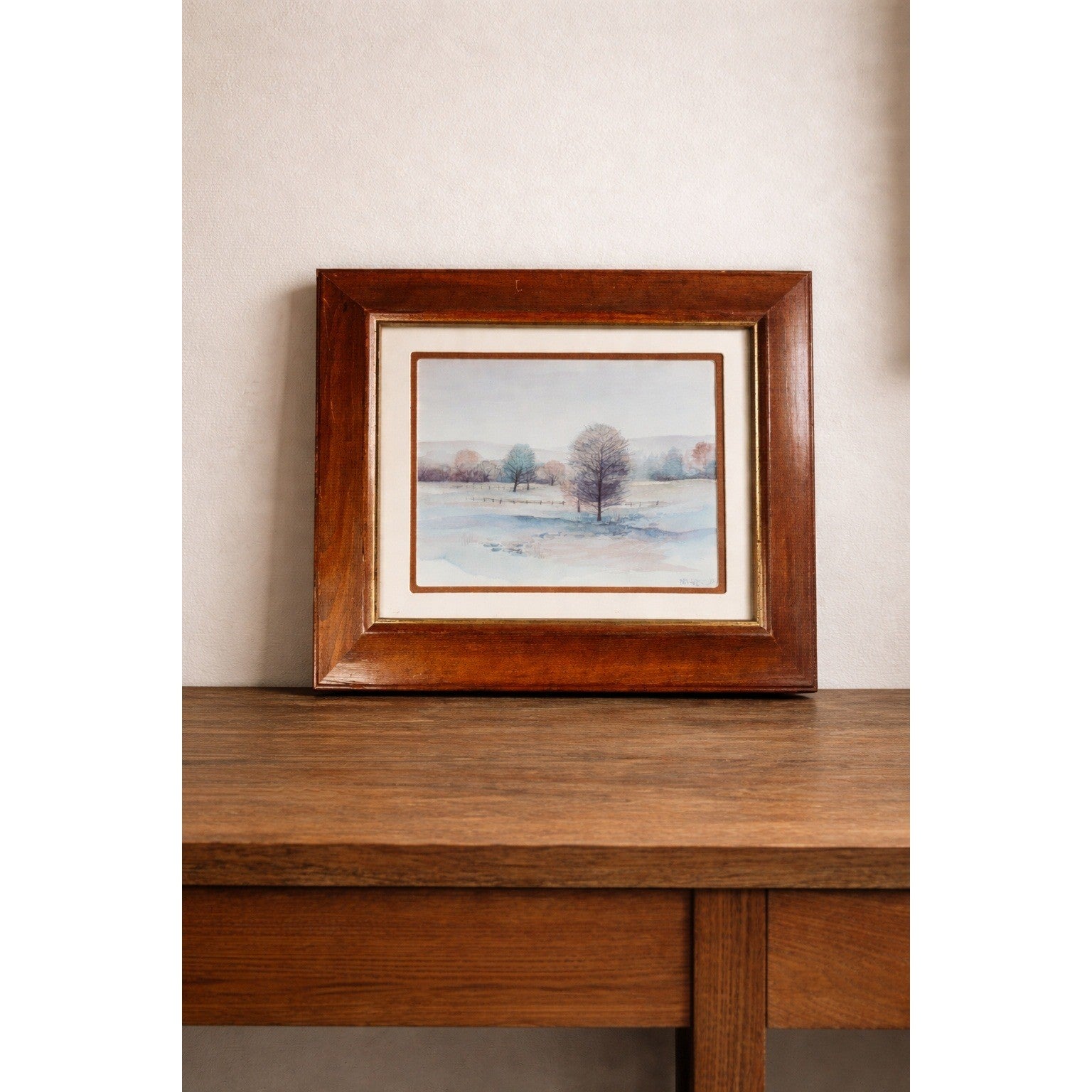 Vintage Framed Winter Landscape Print Signed, Rustic Wood Frame 14x13