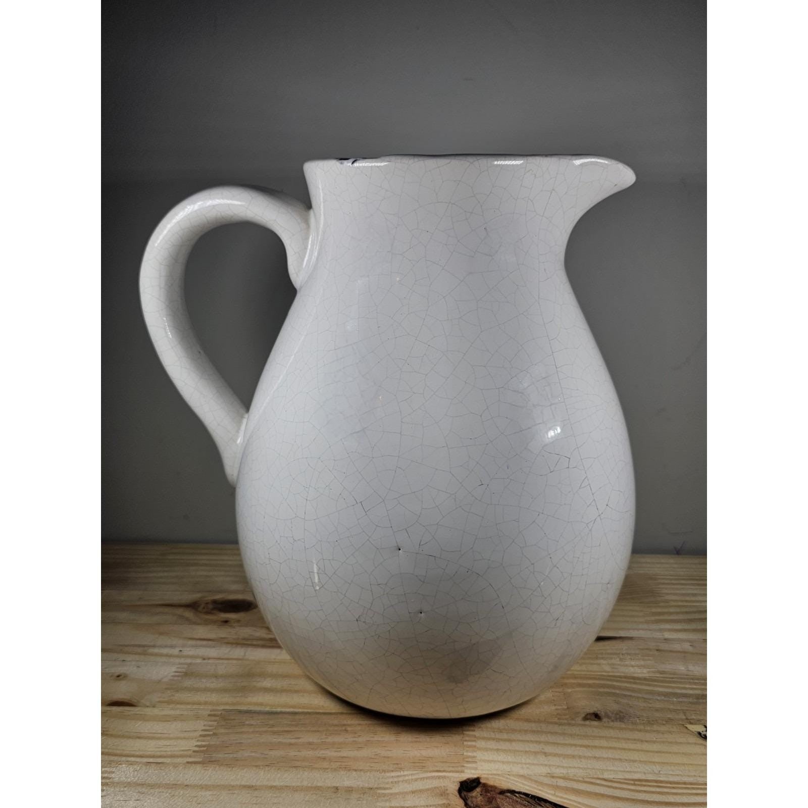 White Crackle Ceramic Pitcher Rustic Farmhouse Decor 10 Inch
