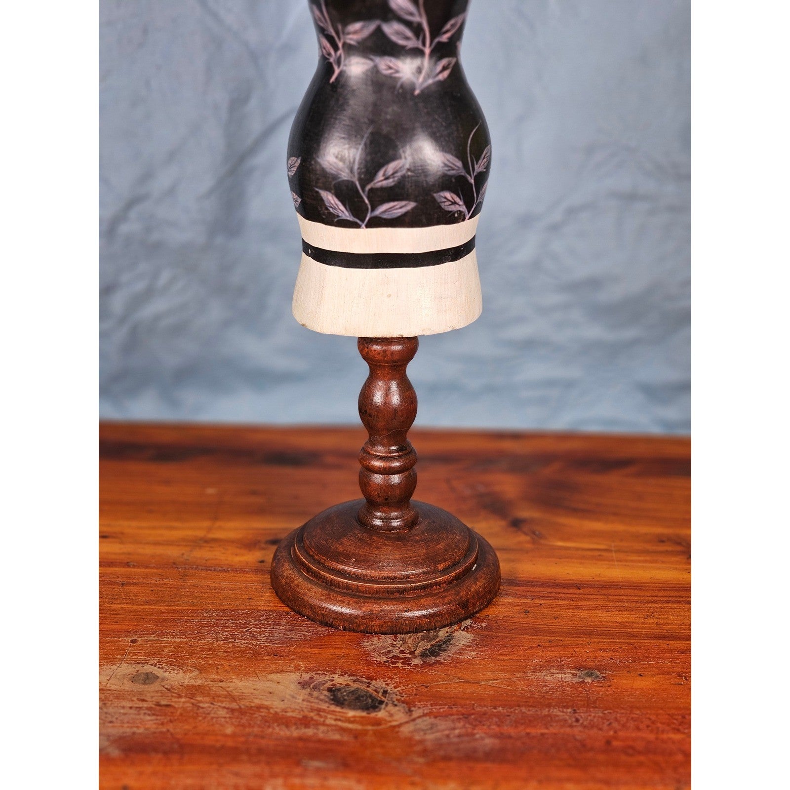 Vintage Floral Mannequin Jewelry Holder Wood Base Display Stand