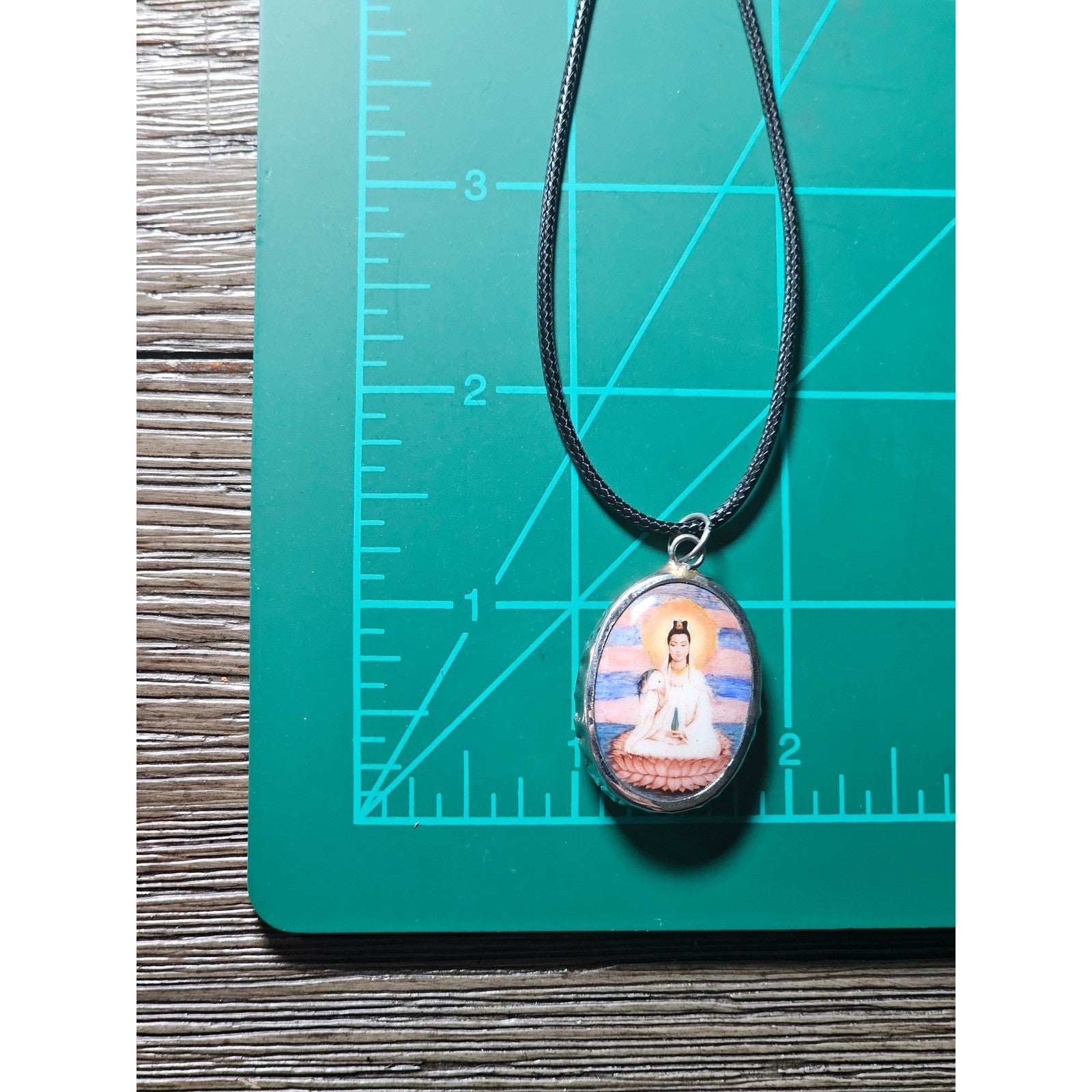 Vintage Buddhist Pendant Necklace Guanyin Lotus Oval Medallion