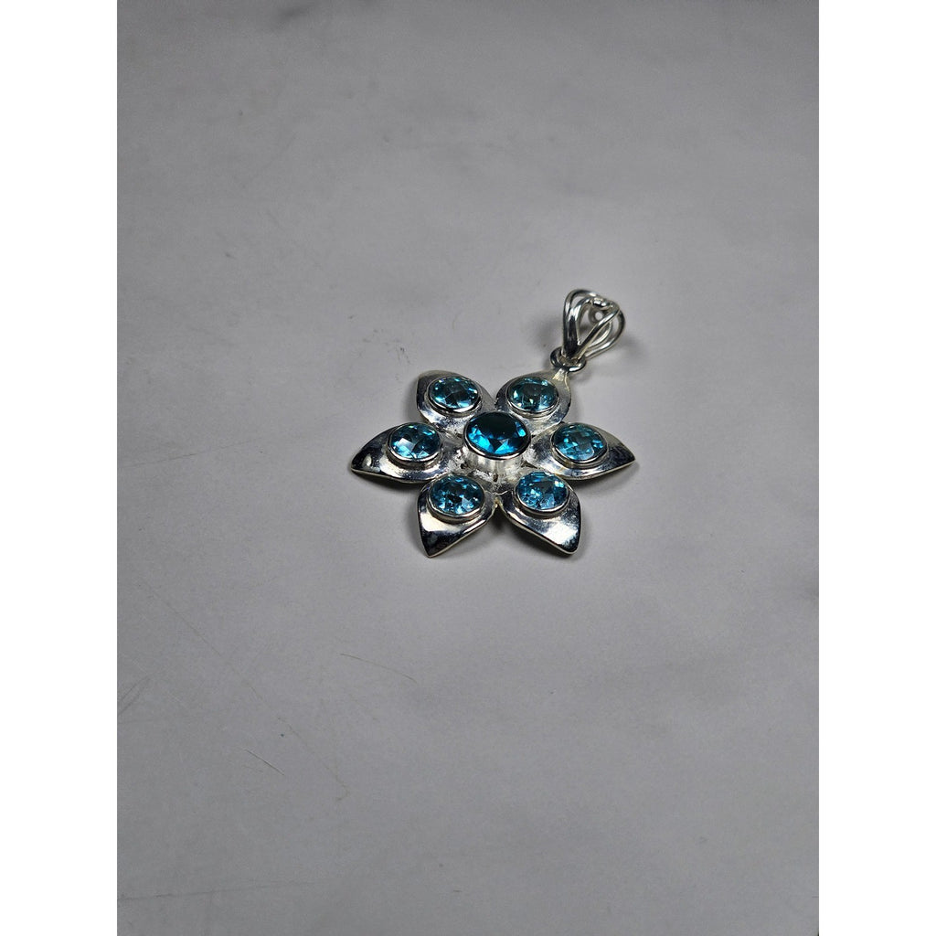 Vintage Sterling Silver Blue Stone Flower Pendant .925 Floral Necklace Charm