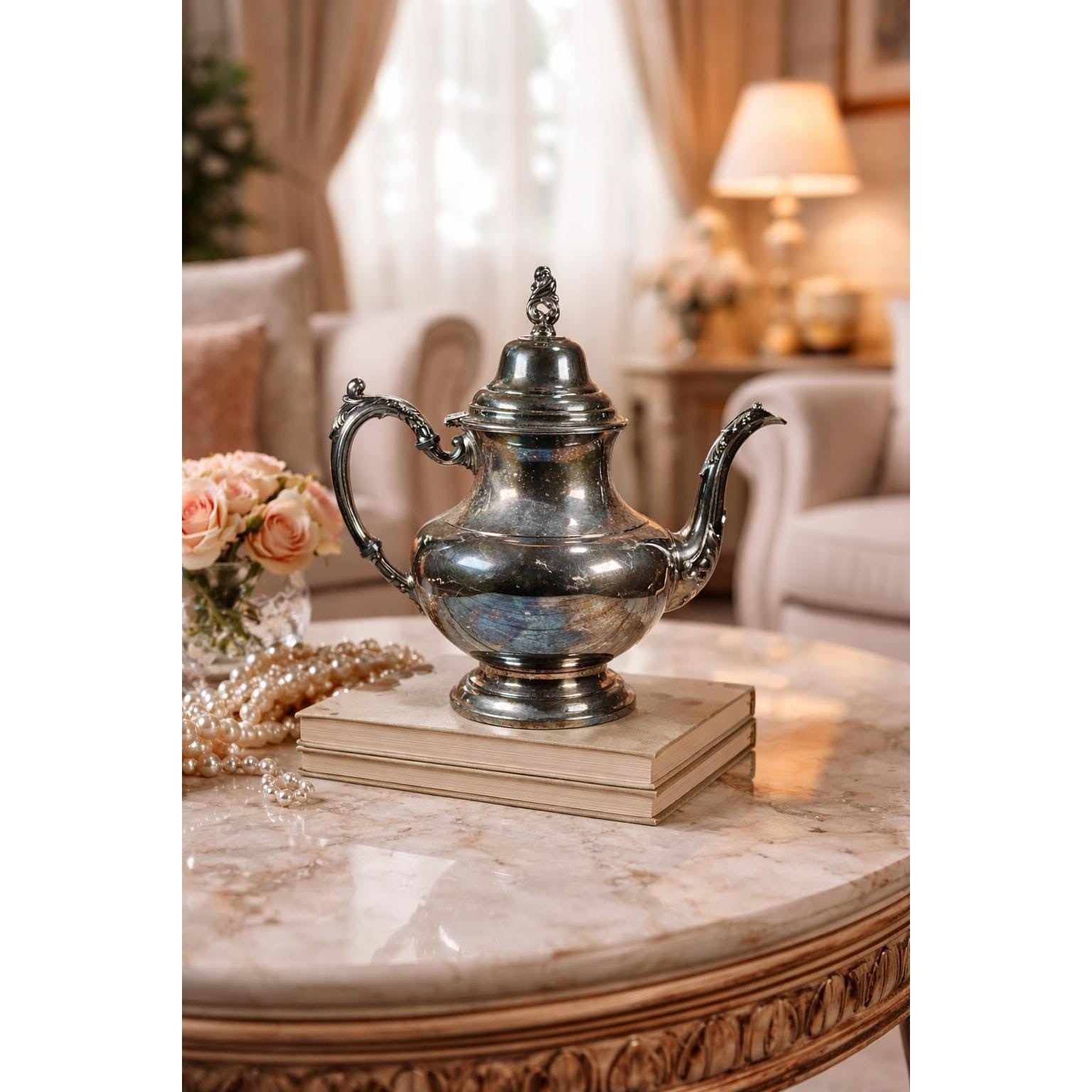 Vintage Oneida Silver Plated Teapot Ornate Handle Hinged Lid 9 Inch