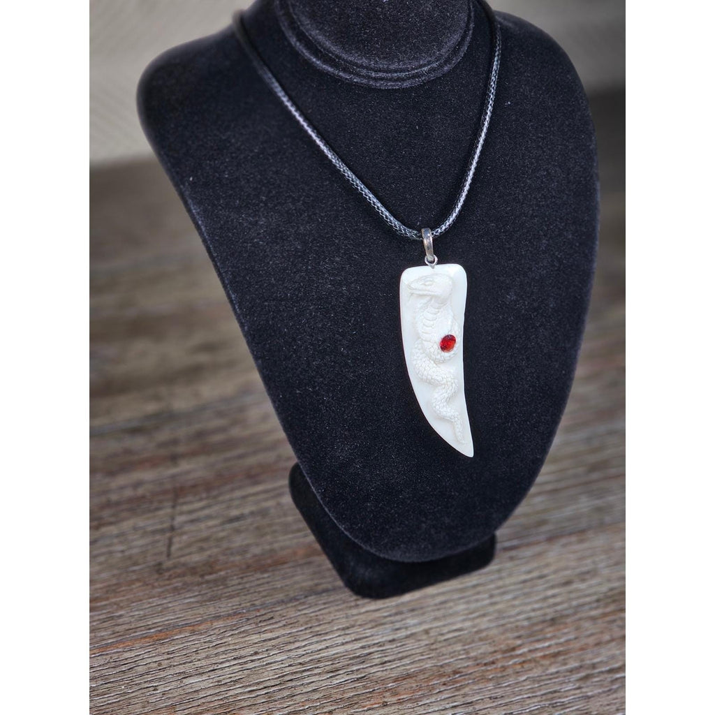 Carved Snake Fang Pendant Necklace White Tooth Style Gothic Charm 2"