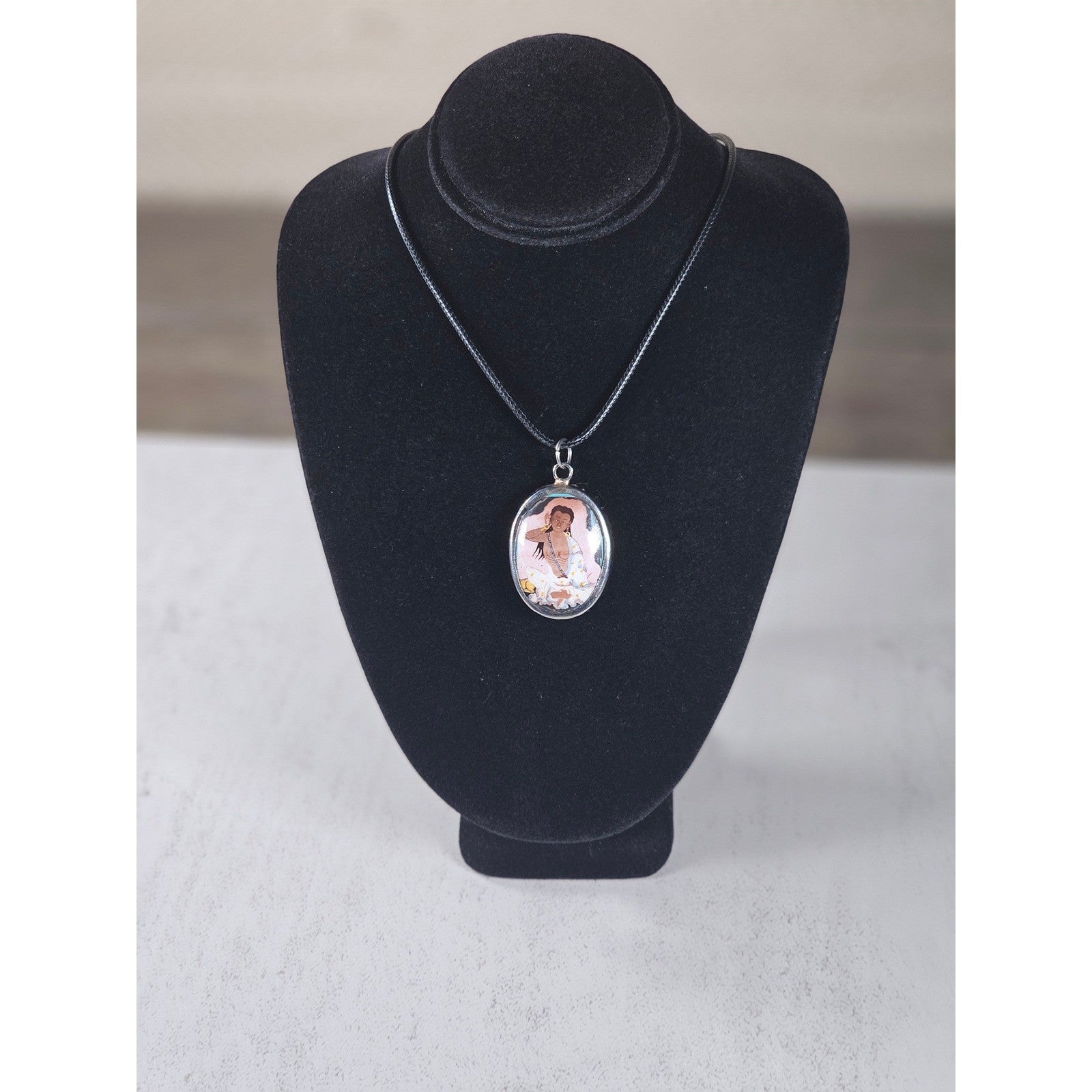 Vintage Oval Art Pendant Necklace Silver Tone on Black Cord