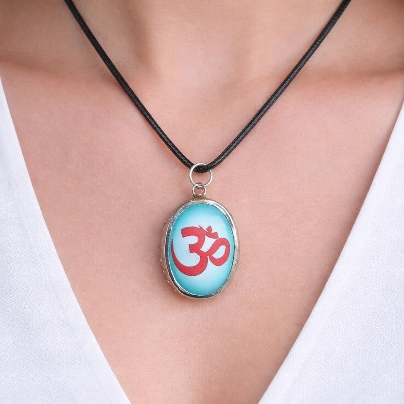 Vintage Om Pendant Necklace Blue Red Symbol Black Cord