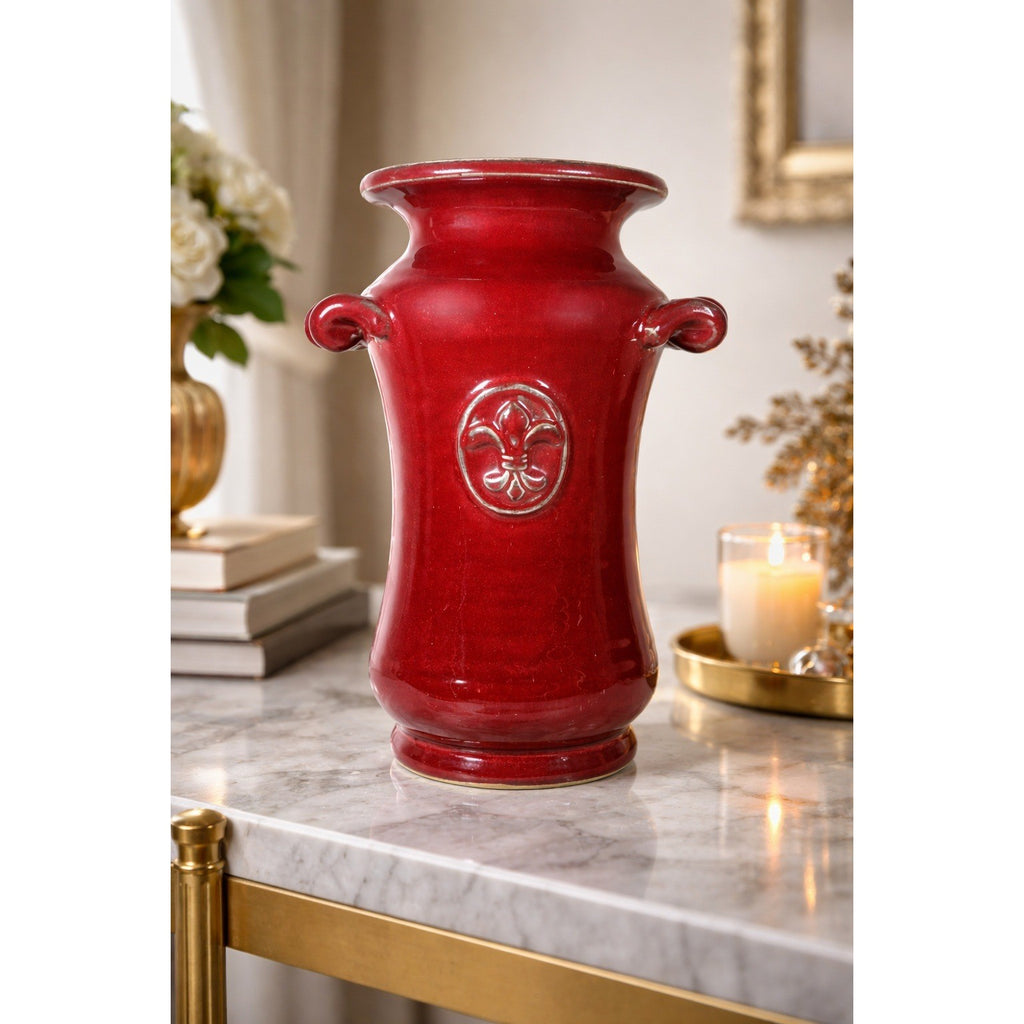 Vintage Burgundy Pottery Vase Fleur De Lis Double Handle Ceramic 11.5"