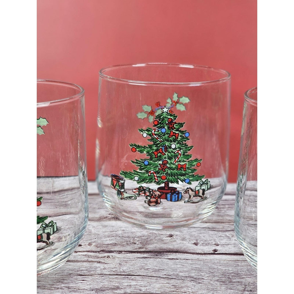 Vintage Luminarc Christmas Tree Lowball Glasses Set of 4 Holiday Whiskey Tumbler