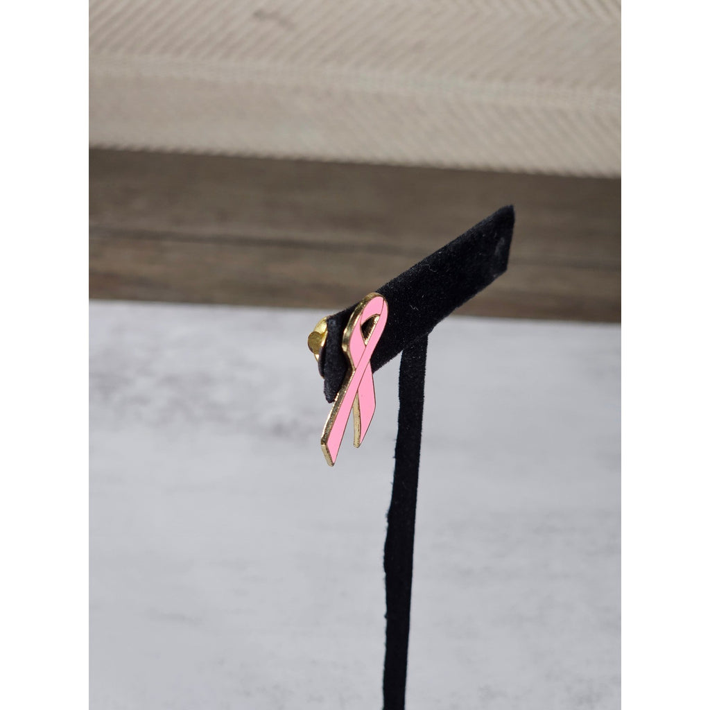 Vintage Pink Ribbon Enamel Pin Gold Tone 1 Inch Awareness Brooch