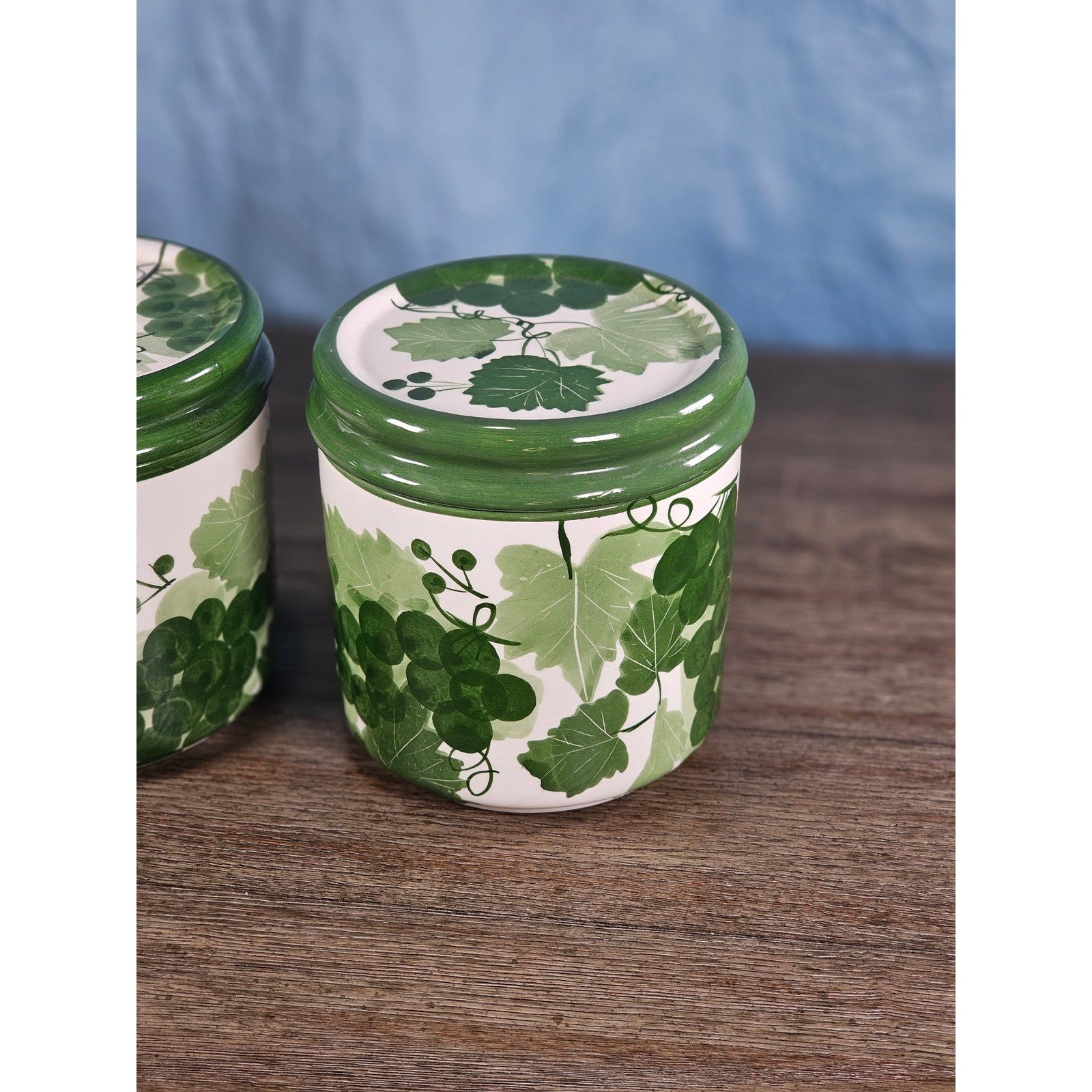 Vintage Grape Leaf Canisters with Lids – Set of 2 – Green Ceramic