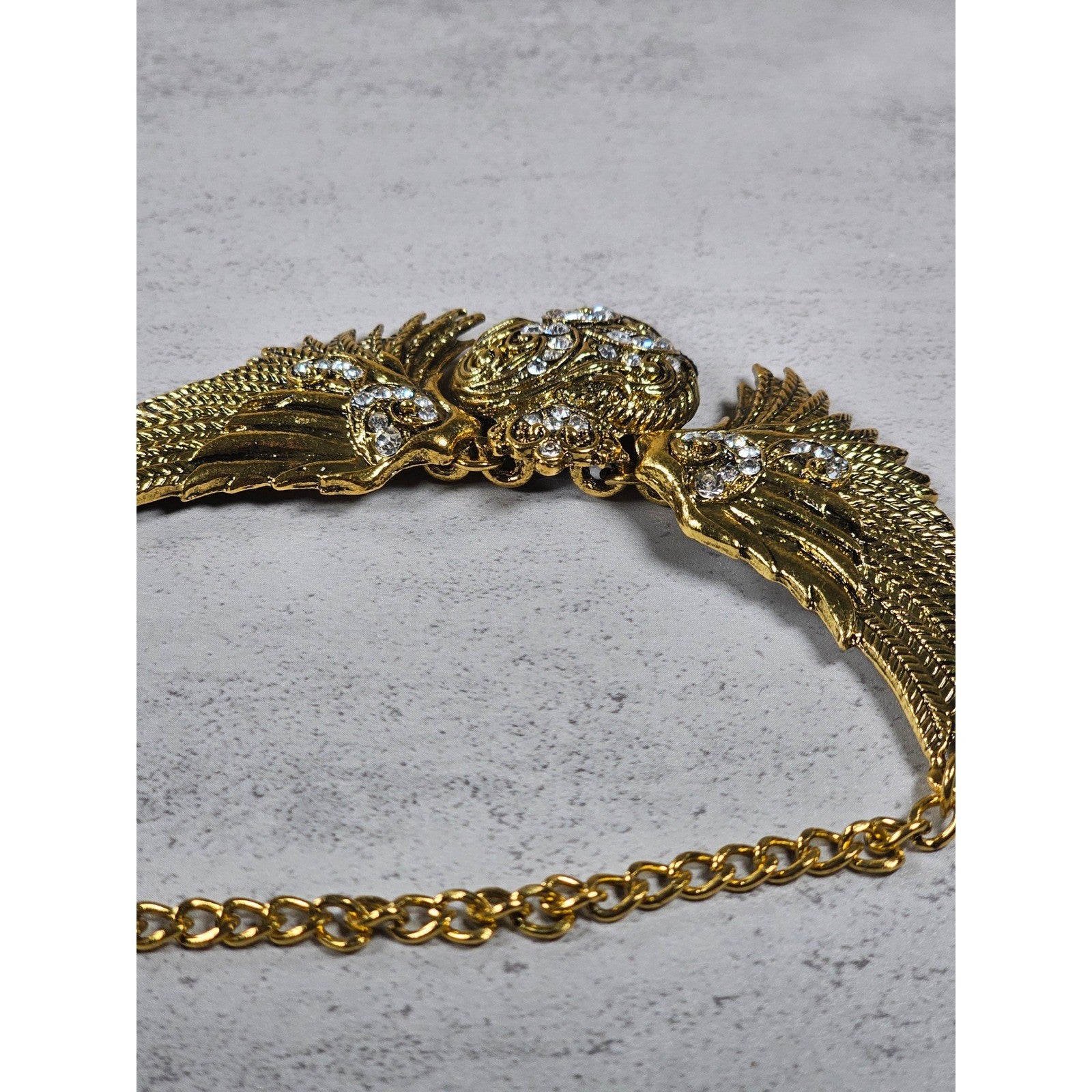 Vintage Gold Tone Winged Heart Rhinestone Statement Necklace
