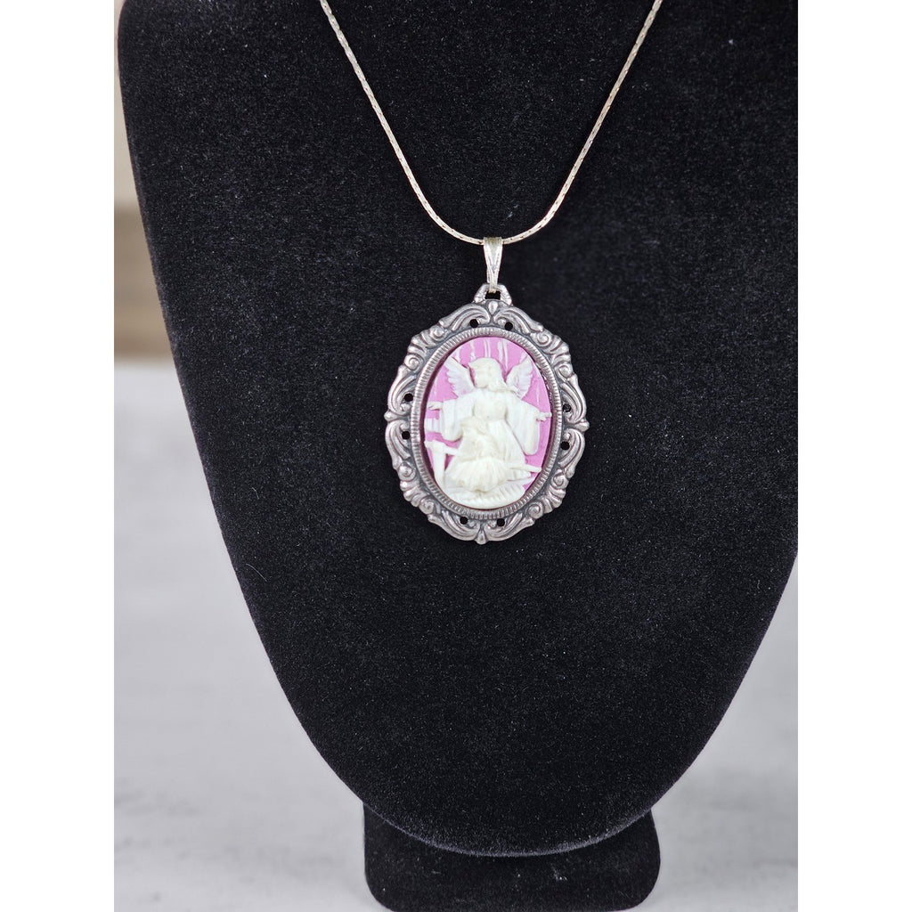 Vintage Angel Cameo Pendant Necklace Pink Relief Oval Frame