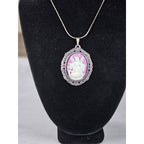 Vintage Angel Cameo Pendant Necklace Pink Relief Oval Frame