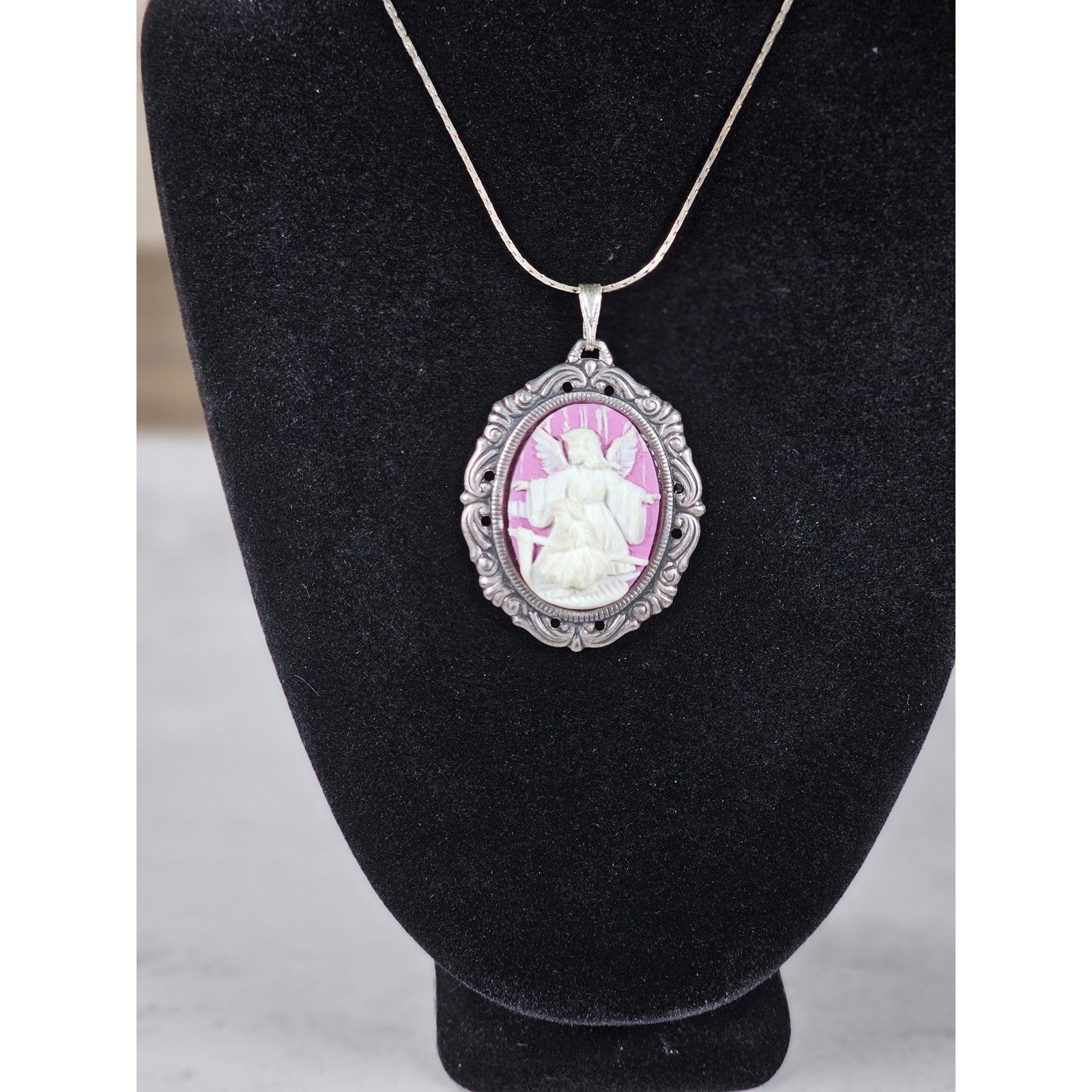 Vintage Angel Cameo Pendant Necklace Pink Relief Oval Frame