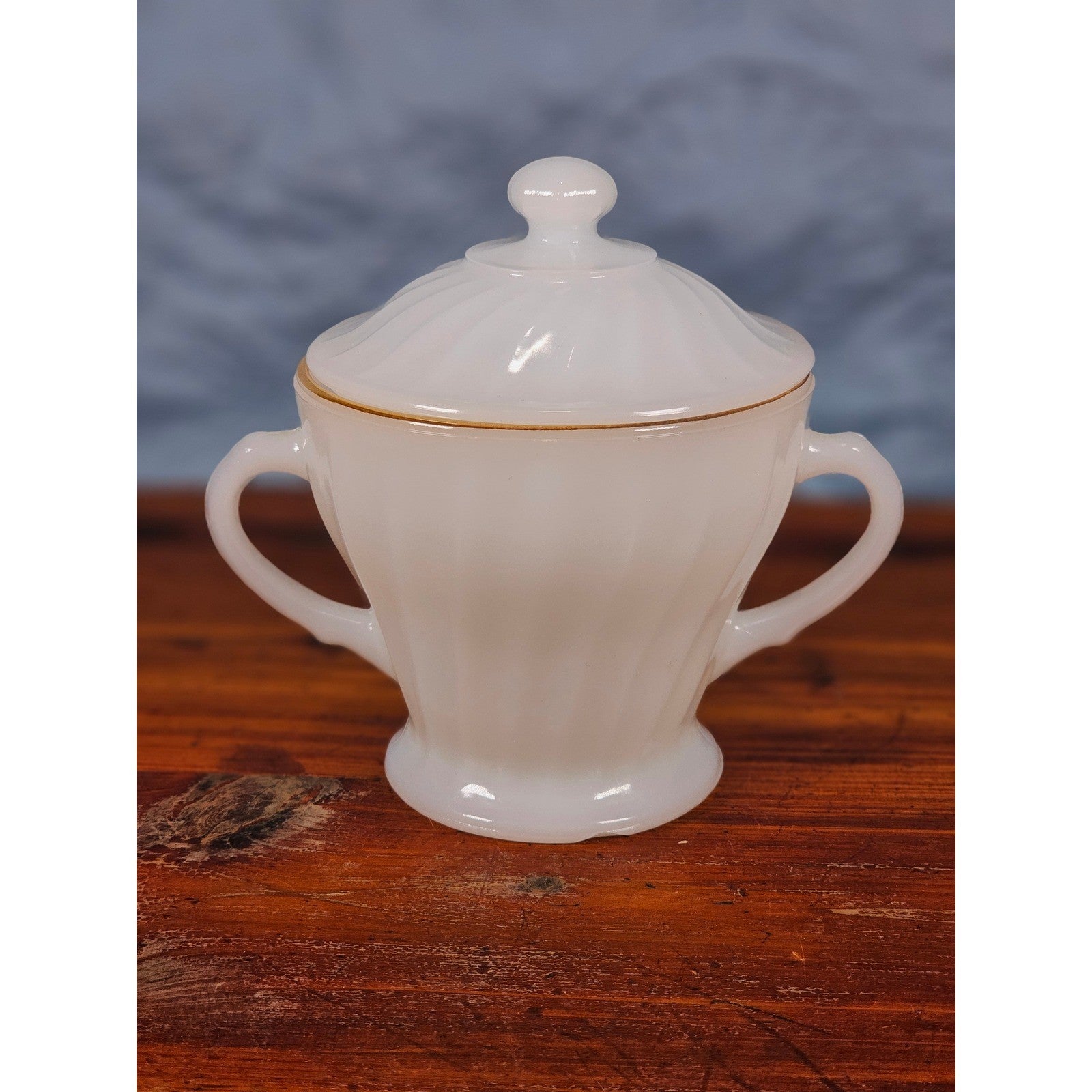 Vintage Milk Glass Sugar Bowl with Lid Gold Trim Fluted Handles