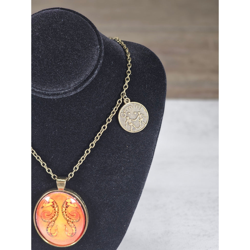 Vintage Gemini Snake Pendant Necklace Orange Zodiac Charm