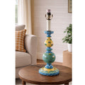 Vintage Hand Painted Wood Table Lamp Floral Blue Yellow Polka Dot