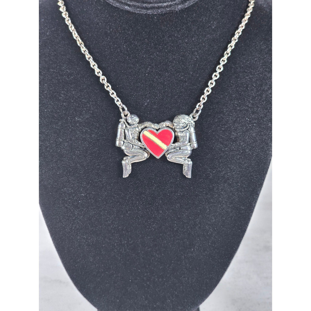 Vintage Sterling Silver Diver Heart Necklace Red Enamel Pendant