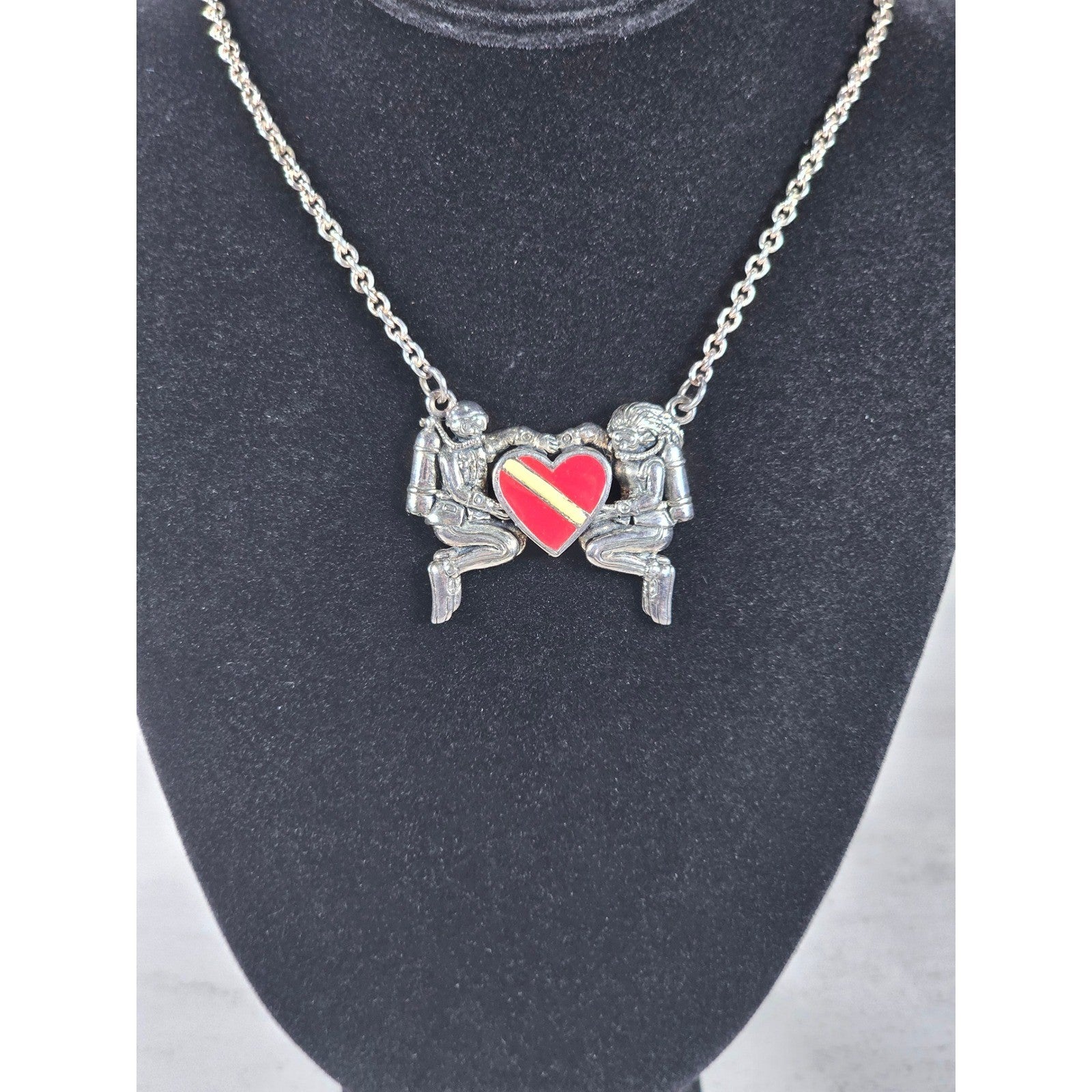 Vintage Sterling Silver Diver Heart Necklace Red Enamel Pendant