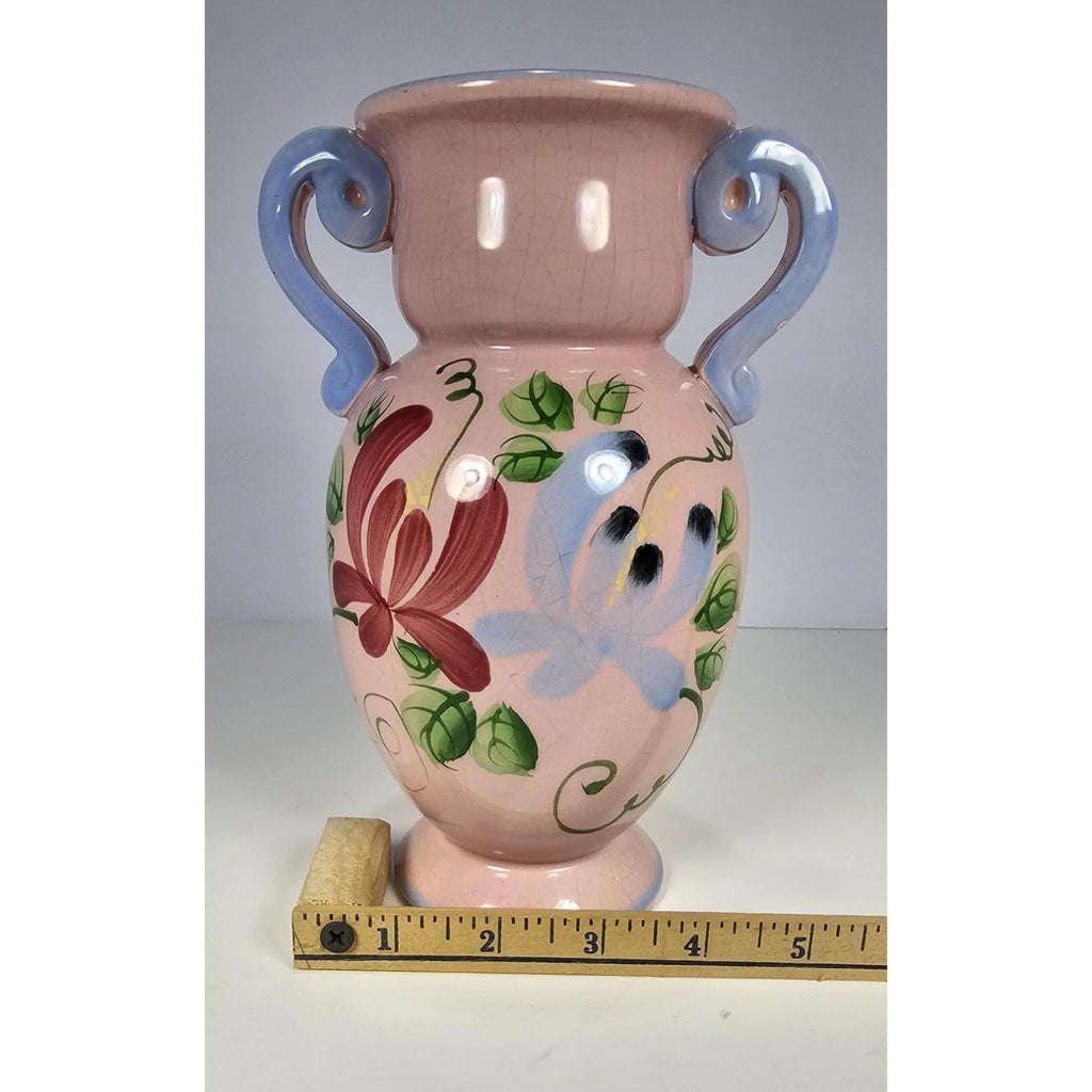 Vintage Pink Crackle Glaze Vase Blue Handles Floral Ceramic