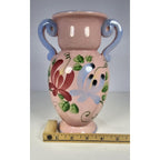 Vintage Pink Crackle Glaze Vase Blue Handles Floral Ceramic