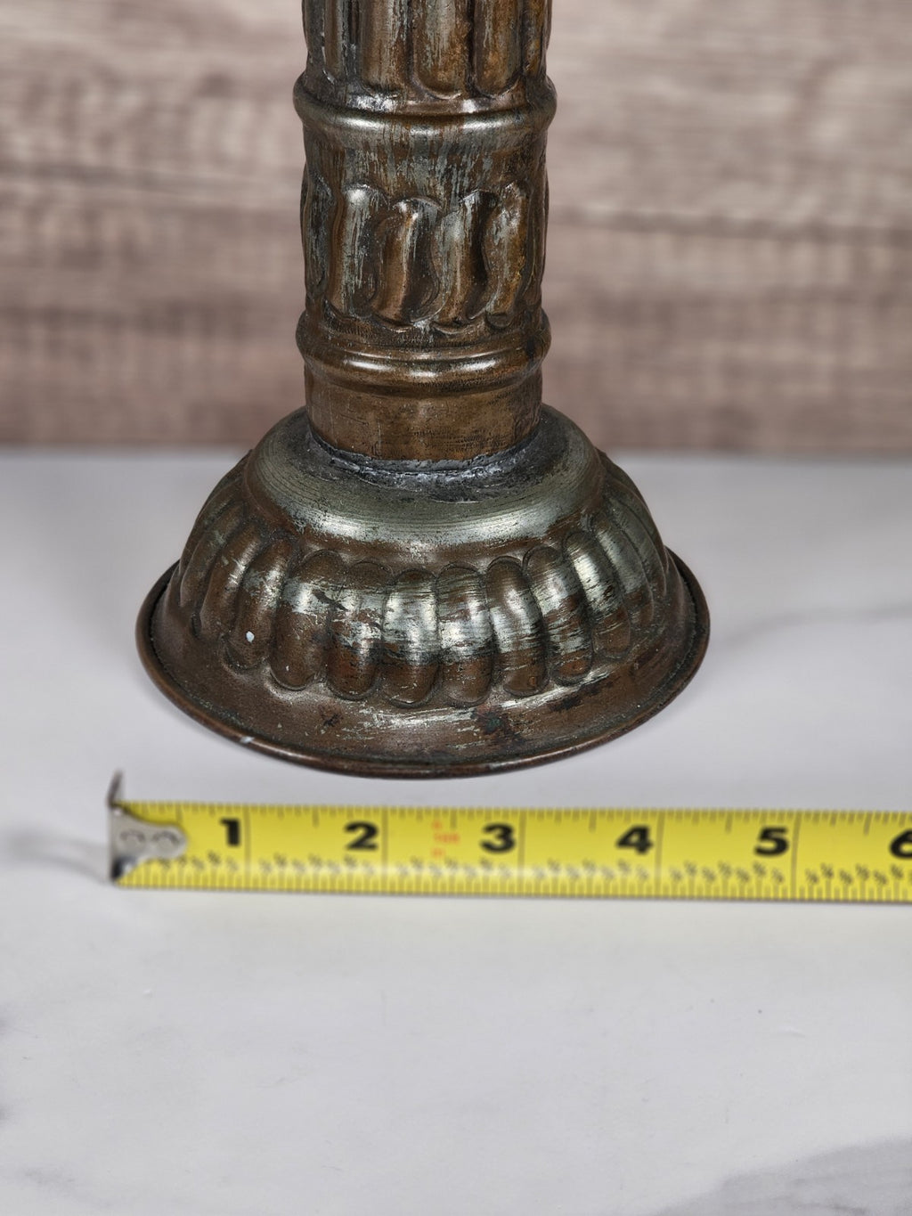 Antique Tinned Copper Candlestick Holder Ornate Embossed Design 12" Tall