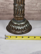 Antique Tinned Copper Candlestick Holder Ornate Embossed Design 12" Tall