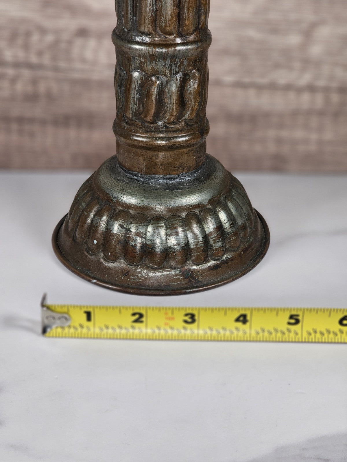 Antique Tinned Copper Candlestick Holder Ornate Embossed Design 12" Tall