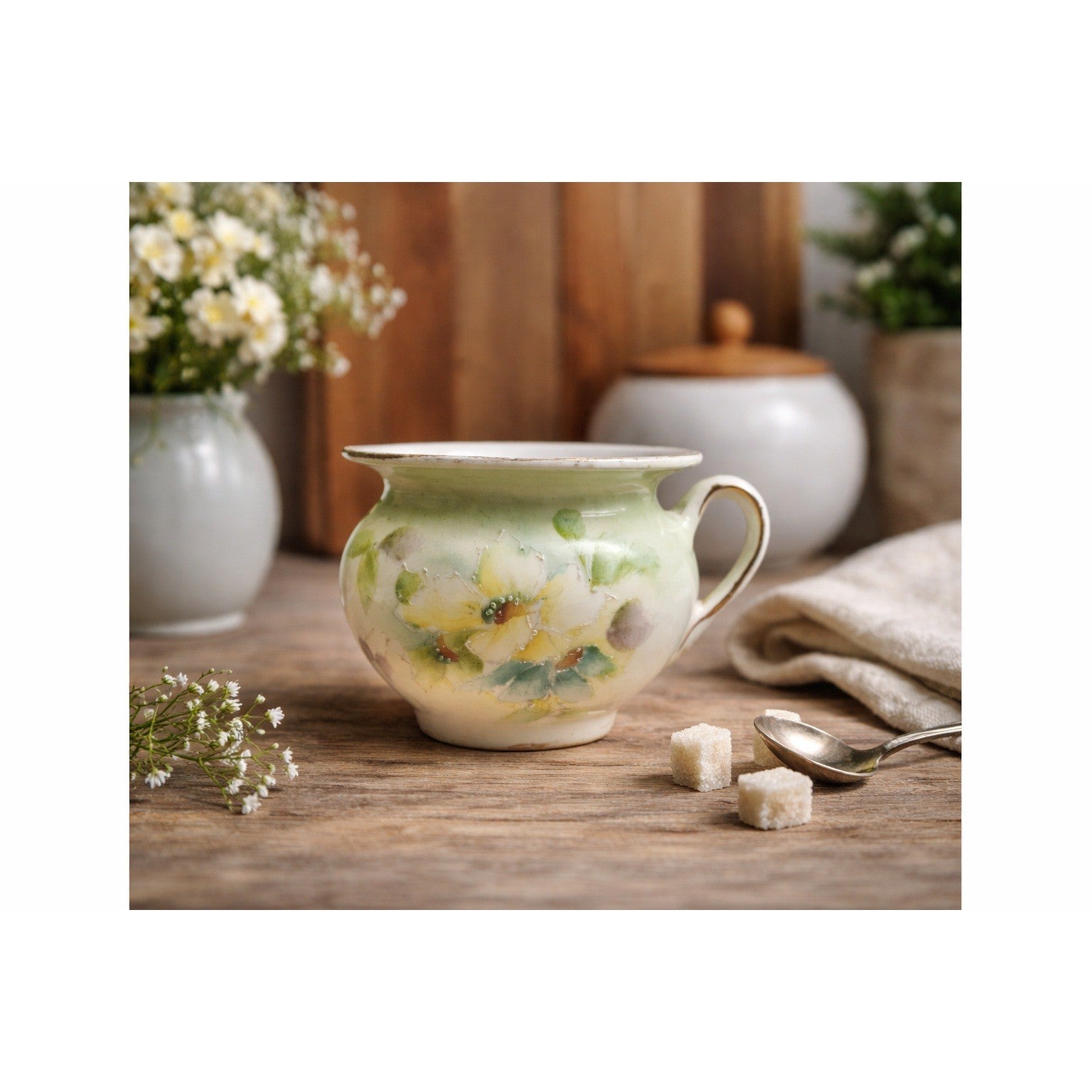 Vintage Hand Painted Porcelain Pitcher Yellow Floral Gold Trim Small Vase