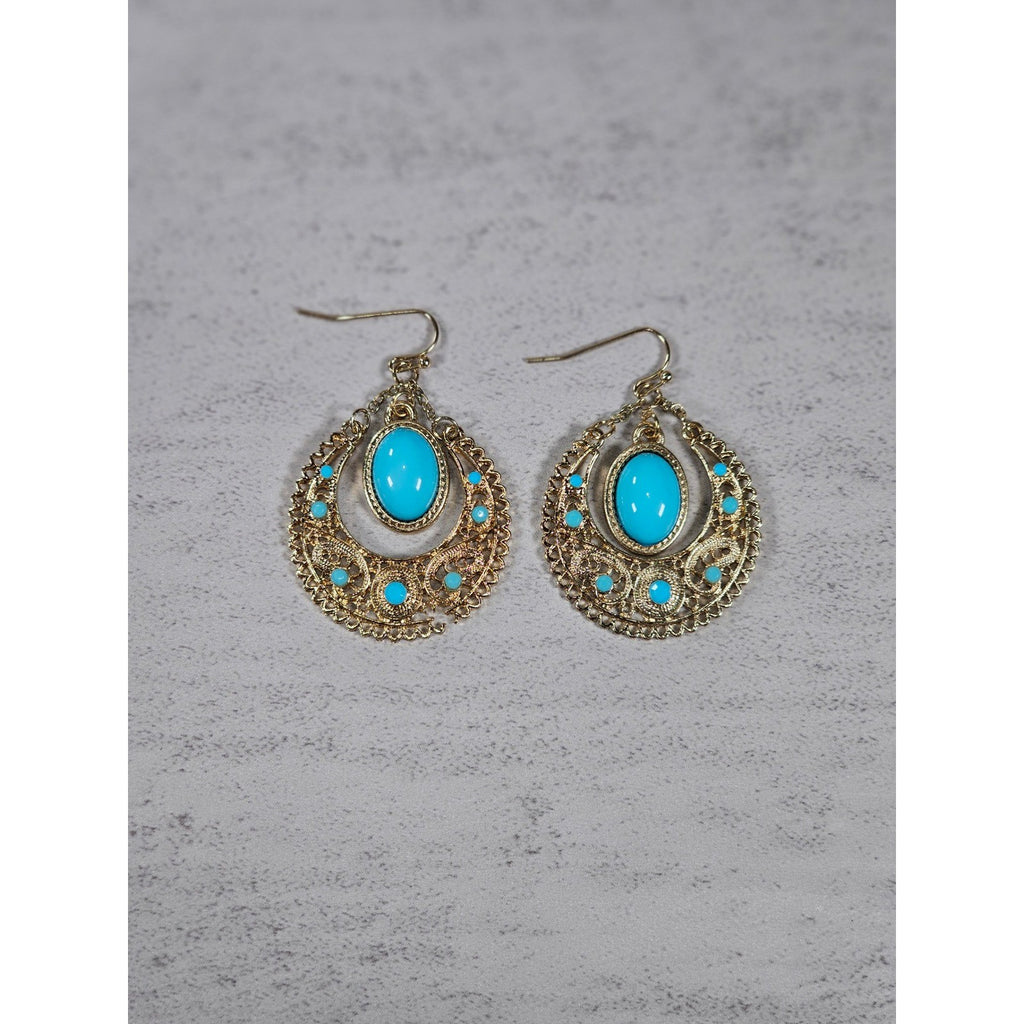 Vintage Gold Filigree Turquoise Drop Earrings Boho Statement