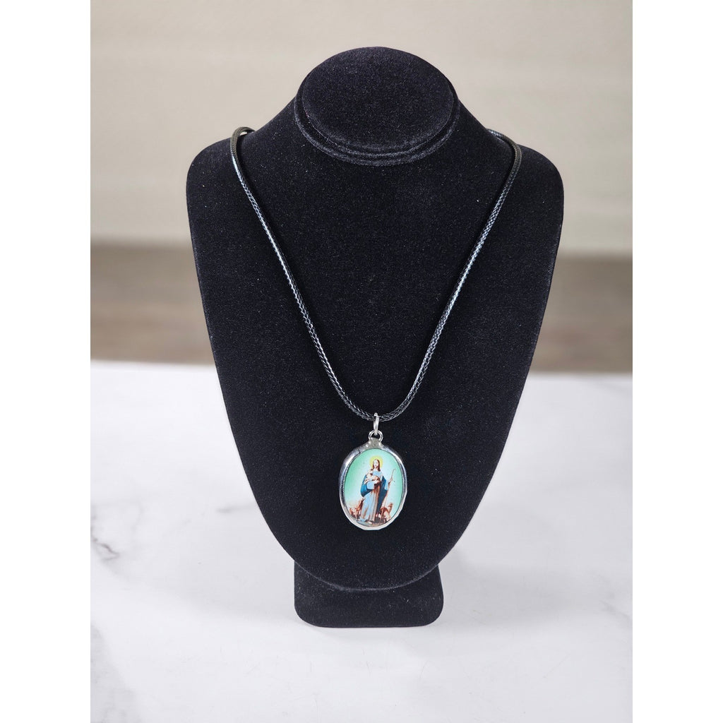 Vintage Madonna Pendant Necklace Blue Green Oval Religious Charm