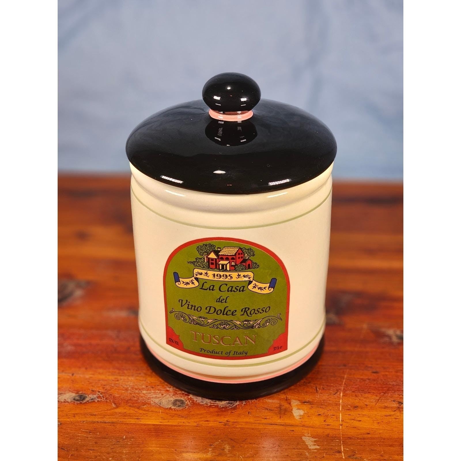 Vintage OGGI Tuscan Wine Label Ceramic Canister With Lid 8 In