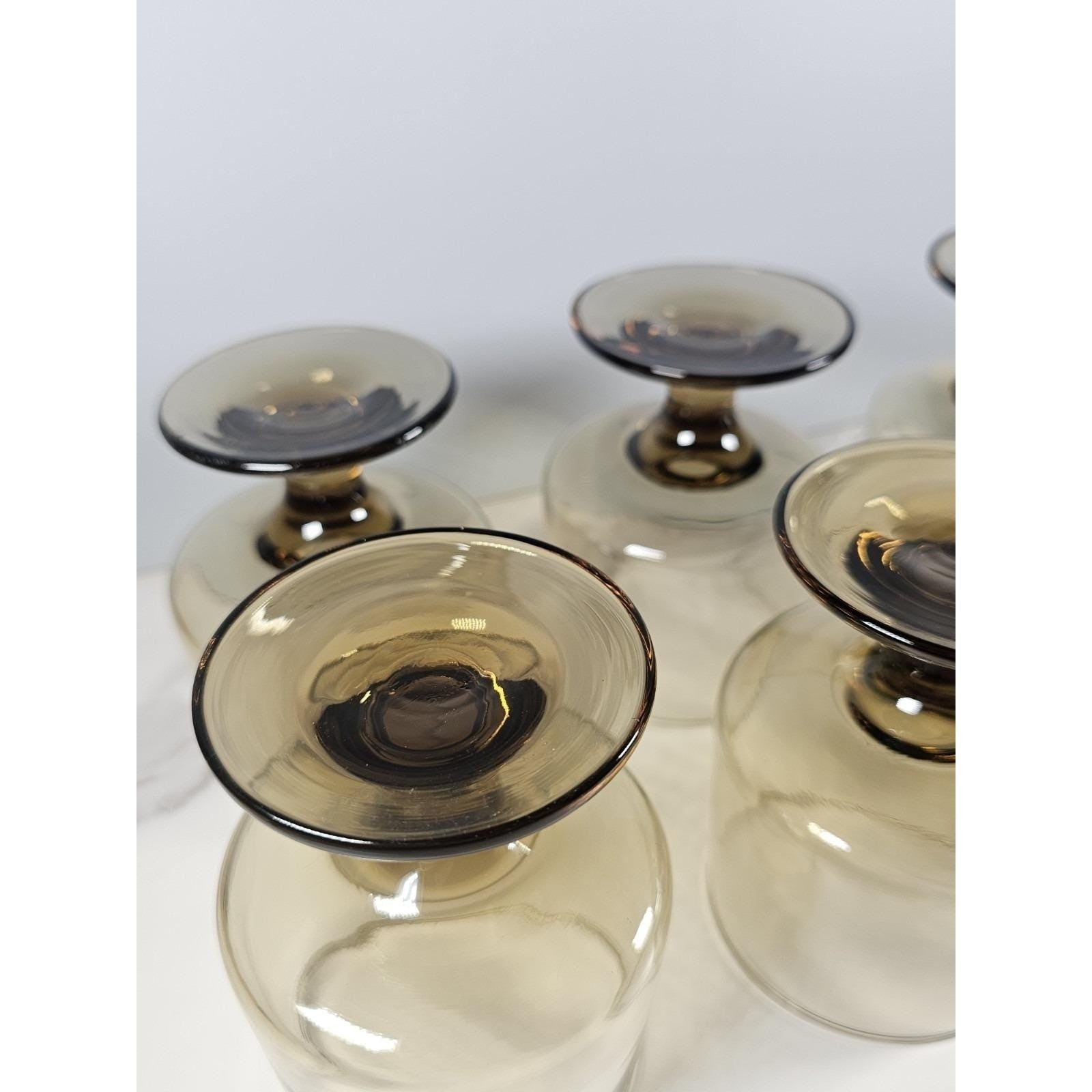 Mid Century Smokey Glass Goblets Set of 6 Vintage Footed Wine Glasses