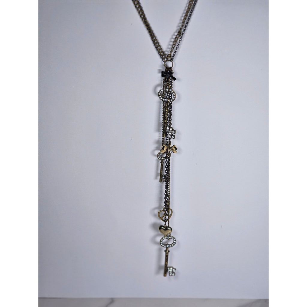 Betsey Johnson Vintage Charm Necklace Key Pendants Long Layered Statement