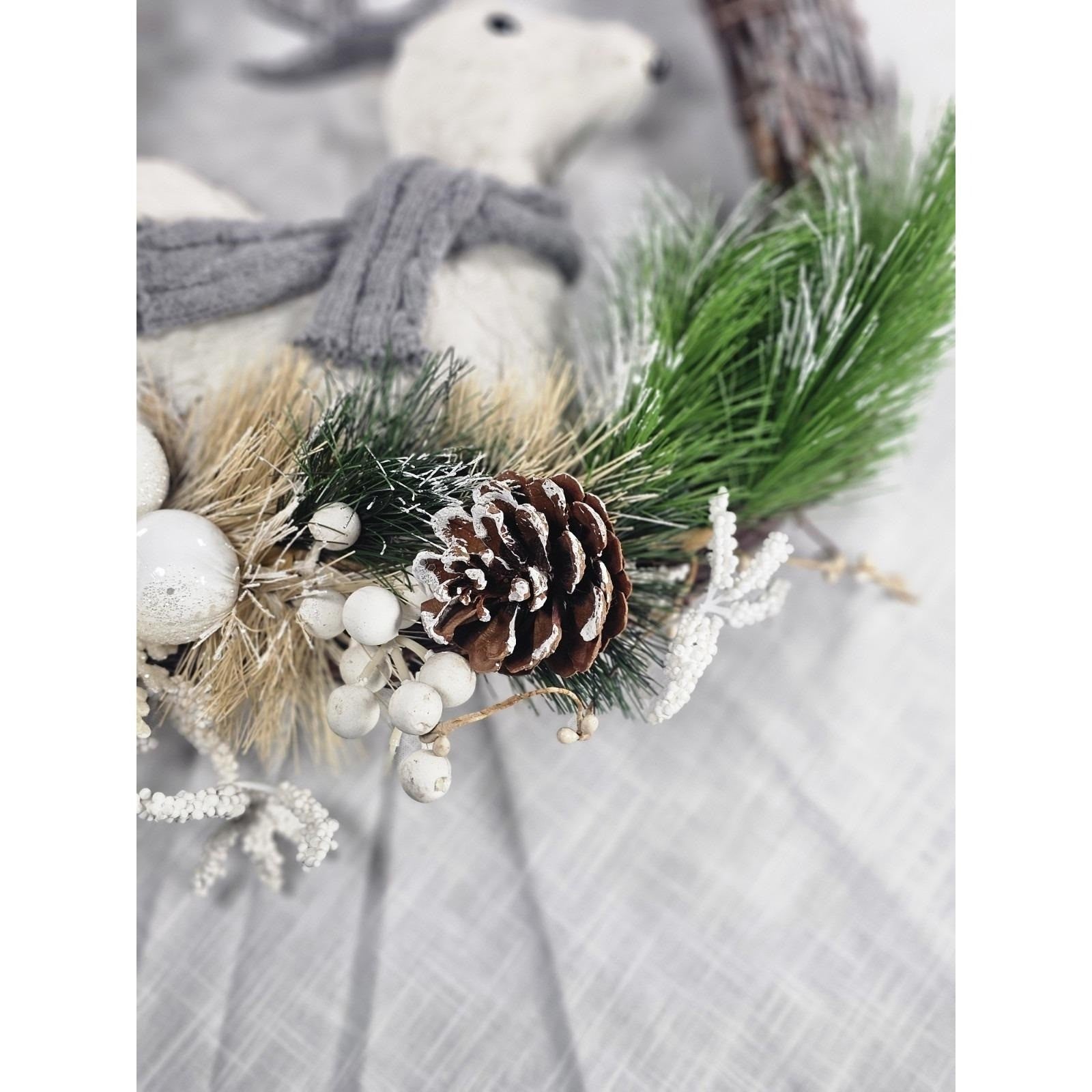 White Deer Christmas Wreath with Pinecones Greenery Snowflakes Rustic Holiday