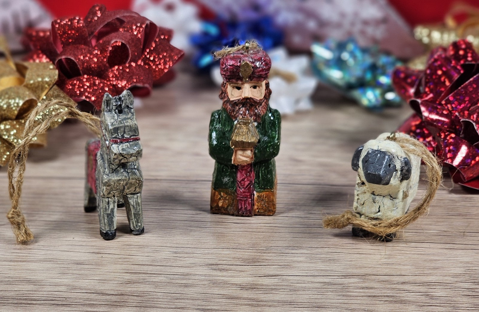 Set of 3 Small Nativity Wiseman Sheep and Horse Christmas Ornaments Miniature