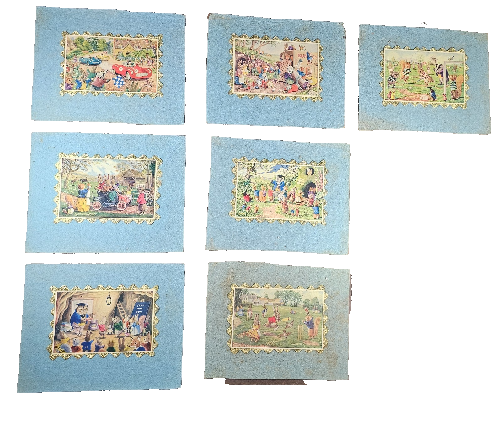 Vintage Racey Helps Postcard Wall Art Set of 7 – 9"x7" Woodland Animals