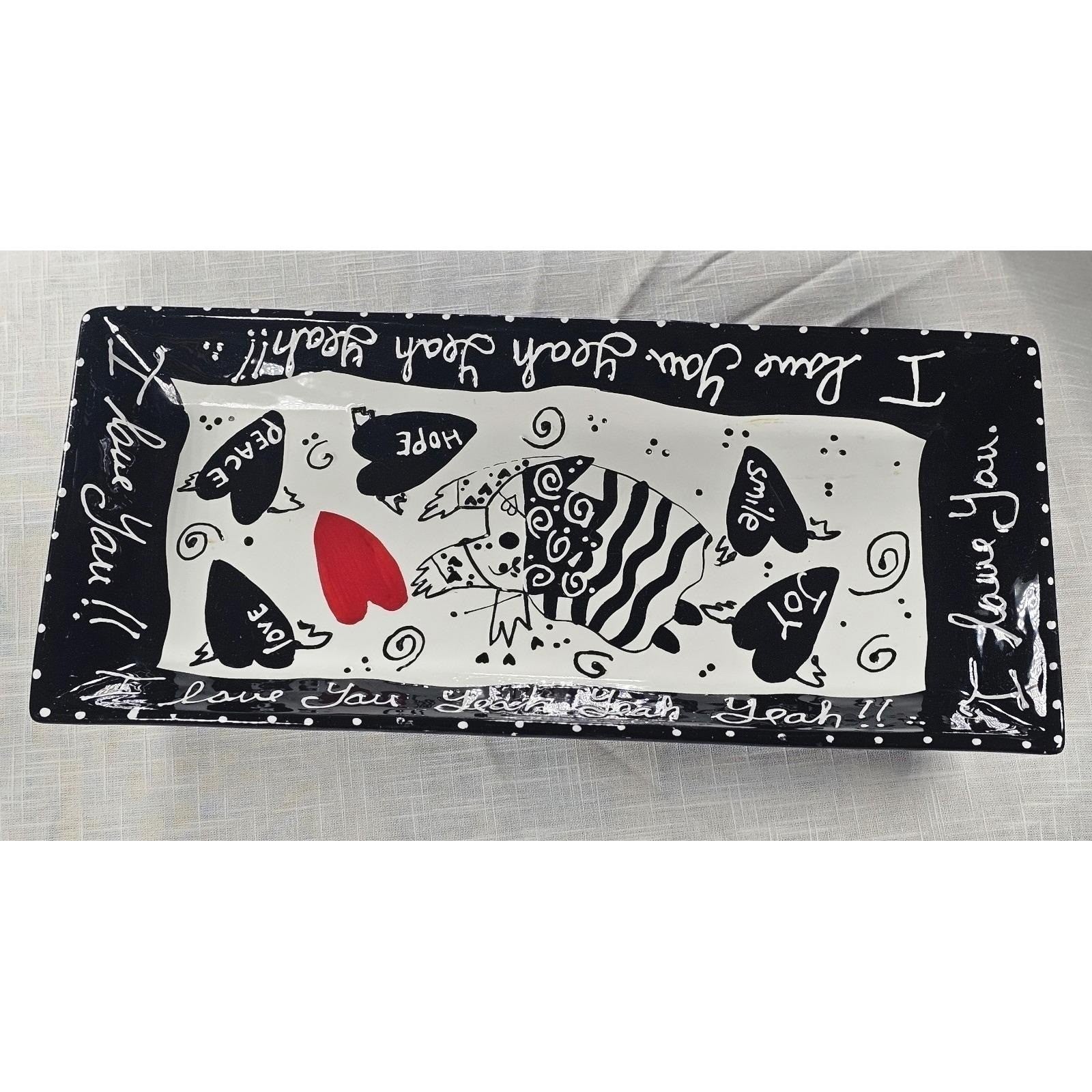 Vintage Heart Folk Art Tray – Red Black Whimsical Decorative Serving Tray