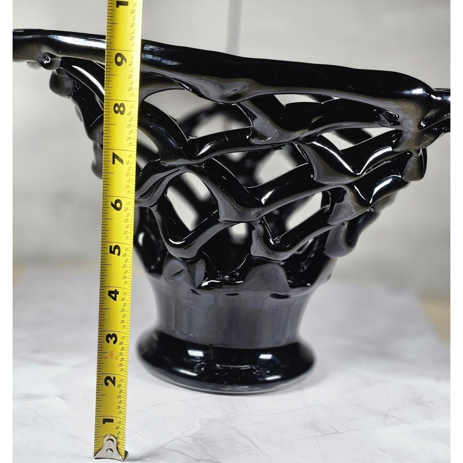 Vintage Black Art Glass Basket Weave Vase, Openwork Sculptural Decor
