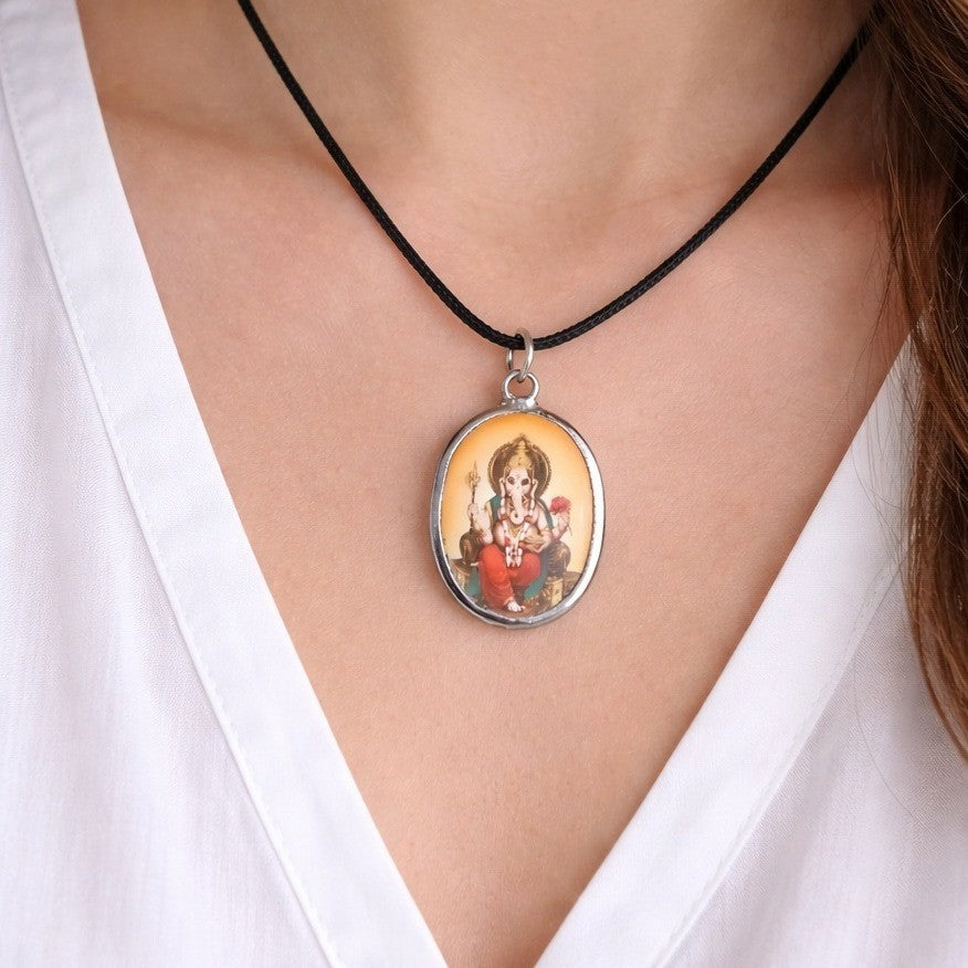 Vintage Ganesha Pendant Necklace Black Cord Oval Cabochon