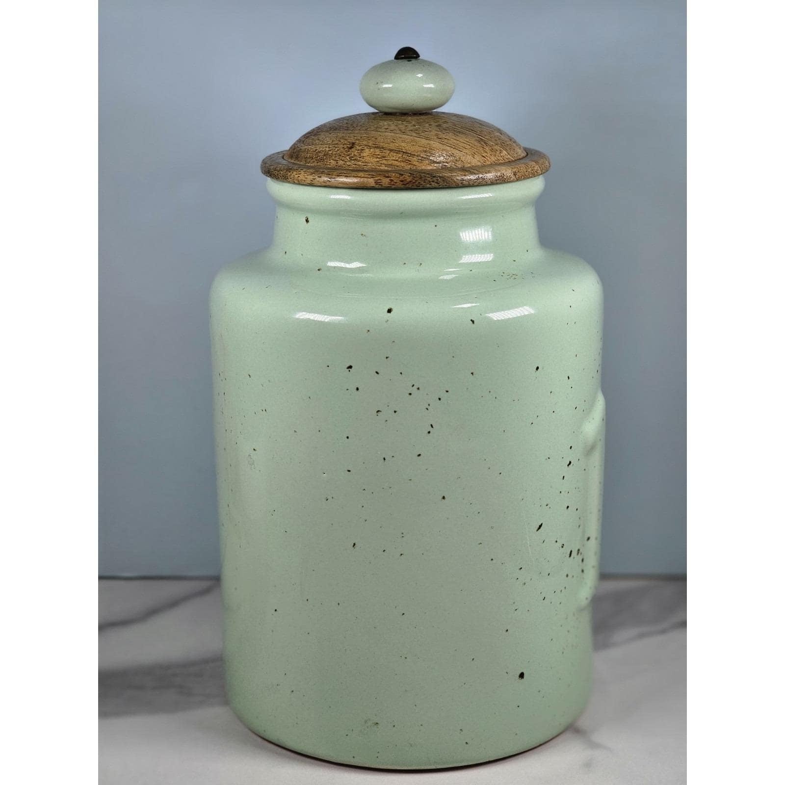 Vintage Pier 1 Mint Green Speckled Canister with Wooden Lid
