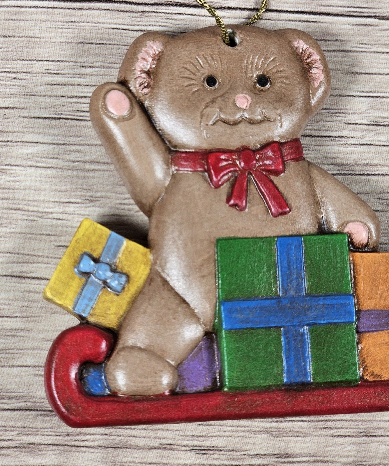 90s Vintage Ceramic 3" Teddy Bear Christmas Sleigh Presents Ornament