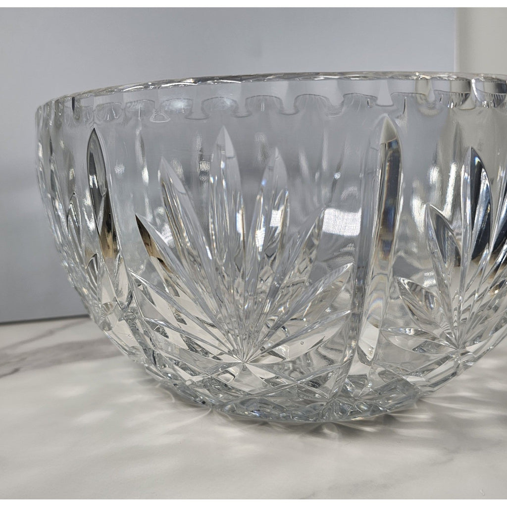 Vintage Cut Crystal Glass Bowl Starburst Pattern Scalloped Rim 9 Inch